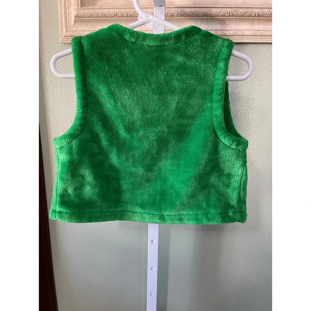 Girl's Festive Christmas Green Fluffy Vest Ornaments White Dress Size 4Y Used